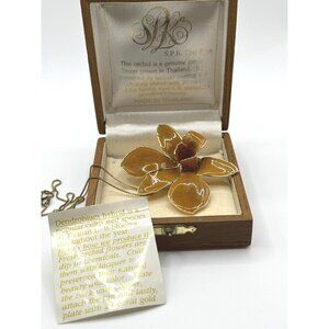 SPK Thai Flora 24Kt Gold Plated REAL Orchid Brooch Pendant Necklace-NOS vtg
